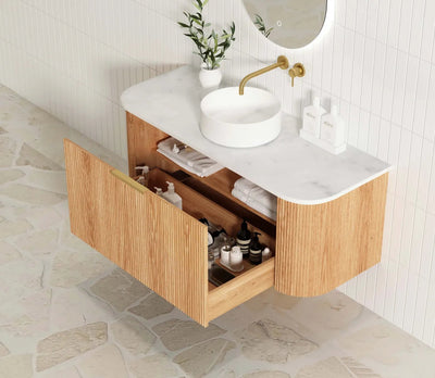 Otti Bondi 1200mm Curve Vanity Woodland Oak Fluted (Ultra Deluxe Stone Top) - Sydney Home Centre