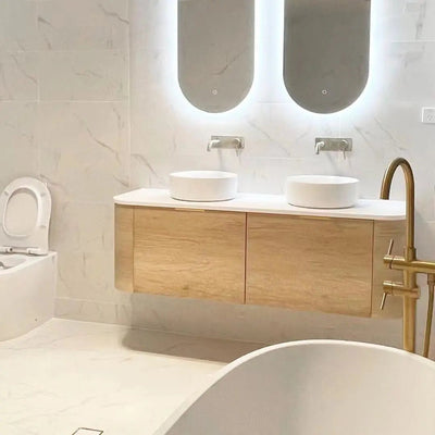 Otti Bondi 1500mm Curve Vanity Natural Oak (Natural Marble Top) - WHILE STOCK LASTS - Sydney Home Centre