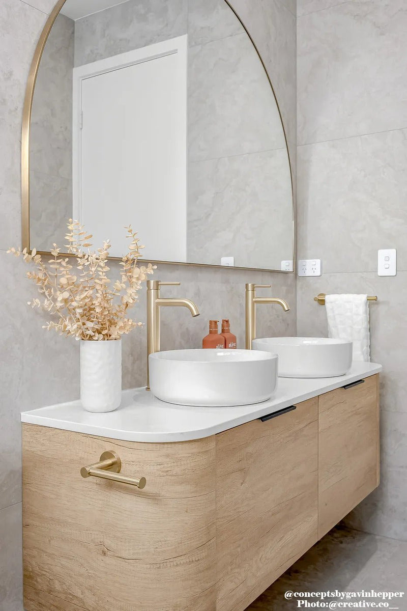 Otti Bondi 1500mm Curve Vanity Natural Oak (Natural Marble Top) - WHILE STOCK LASTS - Sydney Home Centre