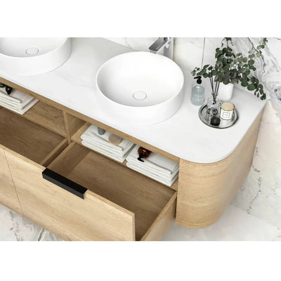 Otti Bondi 1500mm Curve Vanity Natural Oak (Natural Marble Top) - WHILE STOCK LASTS - Sydney Home Centre