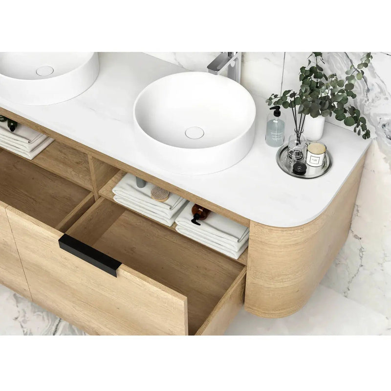 Otti Bondi 1500mm Curve Vanity Natural Oak (Natural Marble Top) - WHILE STOCK LASTS - Sydney Home Centre