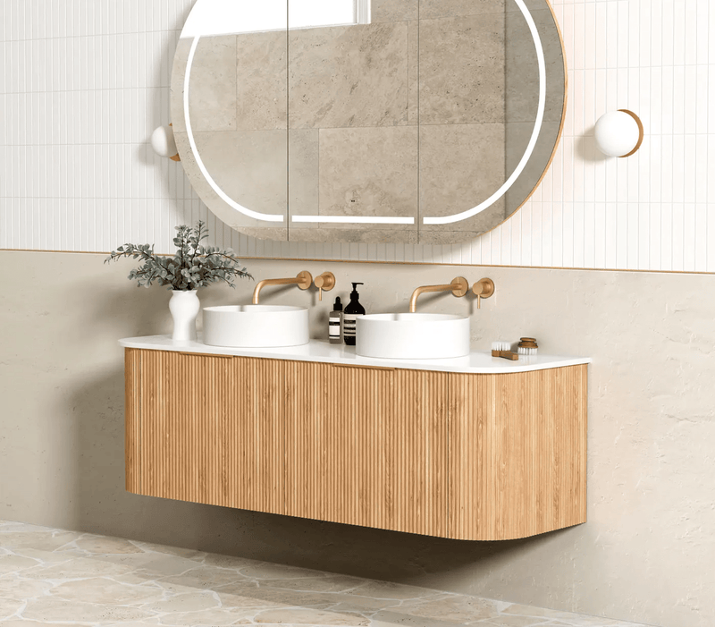 Otti Bondi 1500mm Curve Vanity Woodland Oak Fluted (Cabinet Only) - Sydney Home Centre