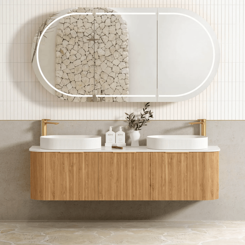 Otti Bondi 1800mm Curve Vanity Woodland Oak Fluted (Cabinet Only) - Sydney Home Centre