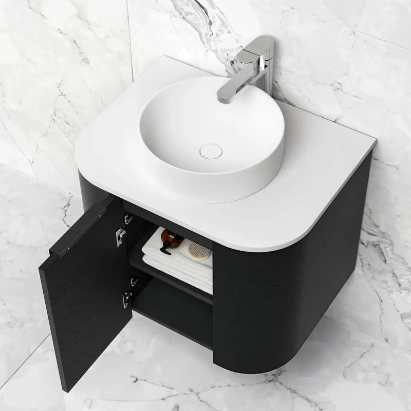 Otti Bondi 600mm Curve Vanity Black Oak (Natural Marble Top) - WHILE STOCK LASTS - Sydney Home Centre