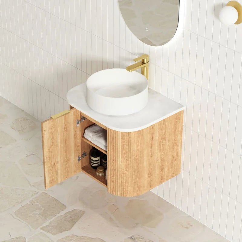 Otti Bondi 600mm Curve Vanity Woodland Oak Fluted (Cabinet Only) - Sydney Home Centre