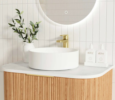 Otti Bondi 750mm Curve Vanity Woodland Oak Fluted (Ultra Deluxe Stone Top) - Sydney Home Centre