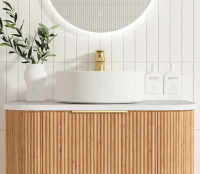 Otti Bondi 750mm Curve Vanity Woodland Oak Fluted (Ultra Deluxe Stone Top) - Sydney Home Centre