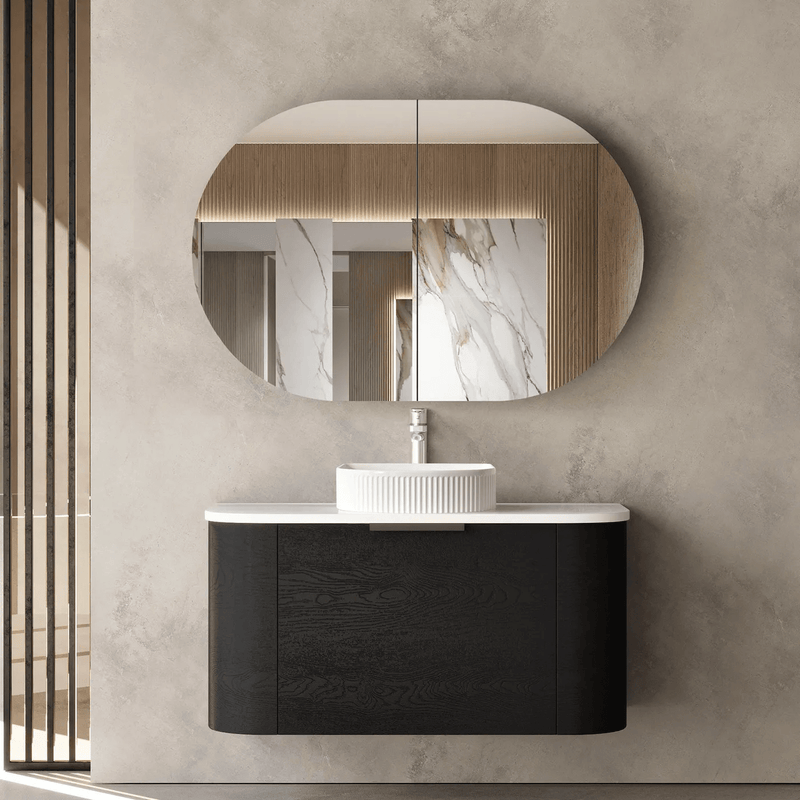 Otti Bondi 900mm Curve Vanity Black Oak (Cabinet Only) - WHILE STOCK LASTS - Sydney Home Centre