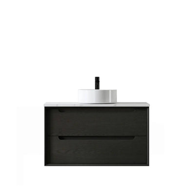 Otti Byron 900mm Wall Hung Vanity Black Oak (Marble Stone Top) - Sydney Home Centre