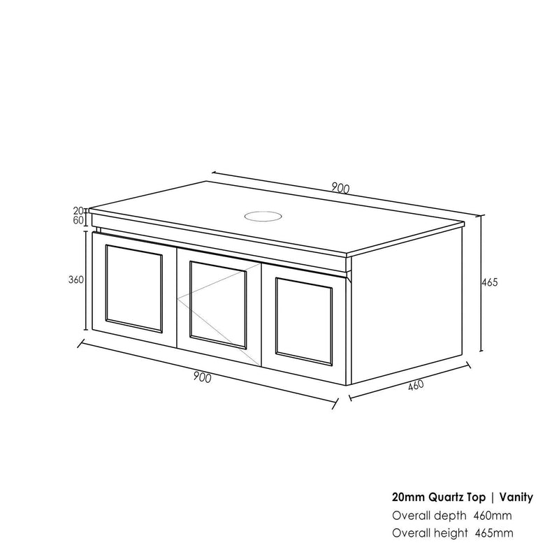 Otti Hampton Mark II 900mm Wall Hung Vanity White Satin (Marble Stone Top) - Sydney Home Centre