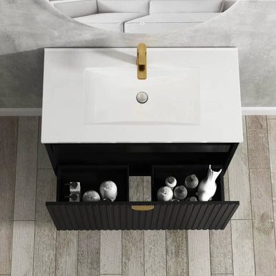 Otti Marlo 750mm Wall Hung Vanity Black Satin (Slimline Ceramic Top) - Sydney Home Centre