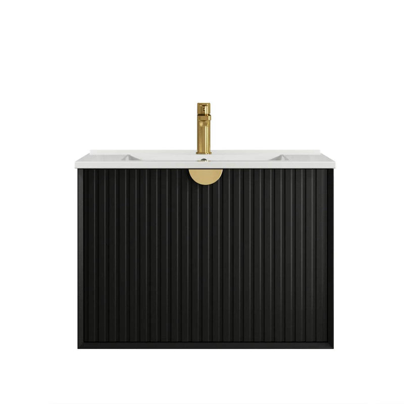 Otti Marlo 750mm Wall Hung Vanity Black Satin (Slimline Ceramic Top) - Sydney Home Centre