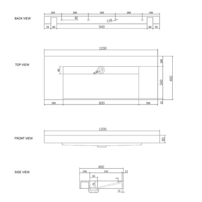 Otti Moonlight 1200mm Solid Surface Wall Hung Basin - Sydney Home Centre