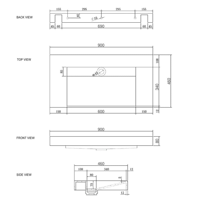 Otti Moonlight 900mm Solid Surface Wall Hung Basin - Sydney Home Centre