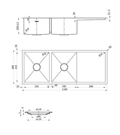 Otti Zue Sink 116D 1160x460x220 Stainless Steel - Sydney Home Centre