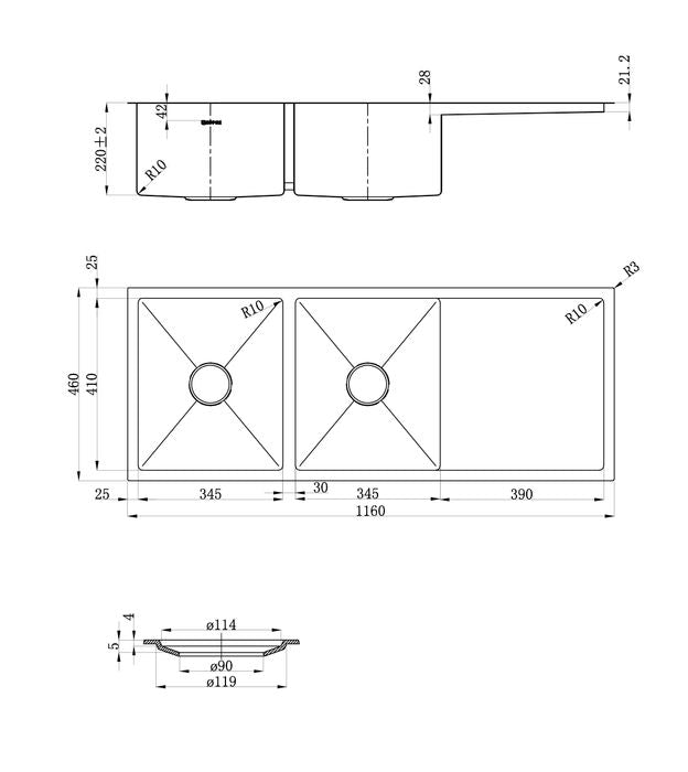 Otti Zue Sink 116D 1160x460x220 Stainless Steel - Sydney Home Centre