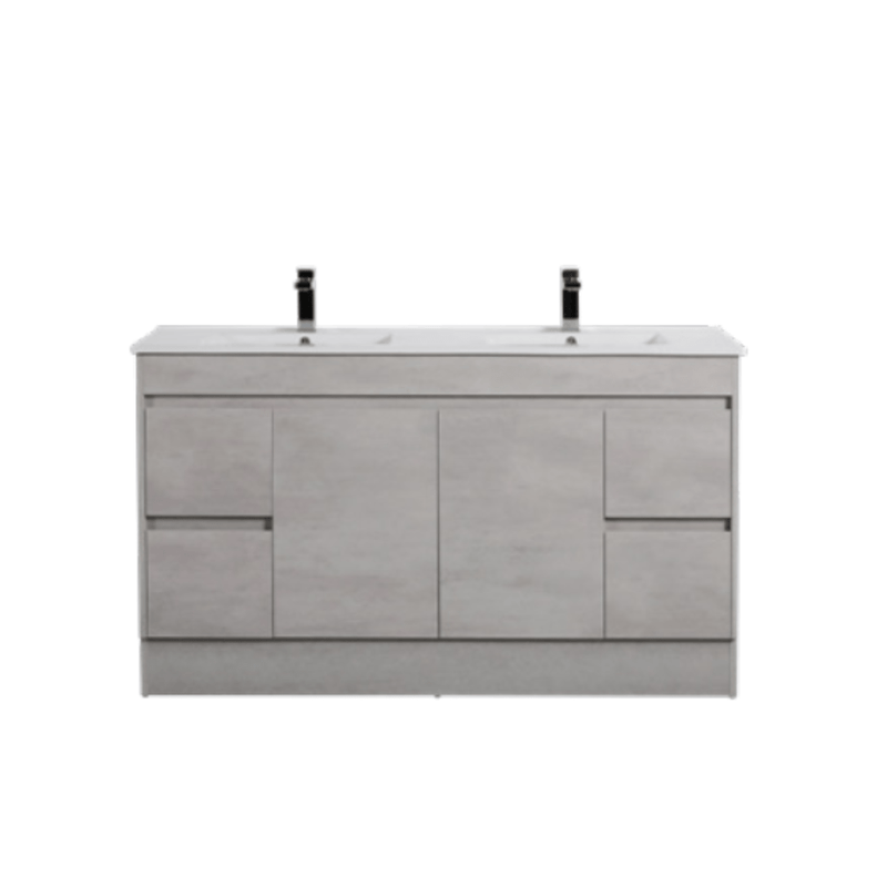 Poseidon Nova 1500mm Double Bowl Vanity with Built - In Kickboard Concrete Grey (Ceramic Top) - Sydney Home Centre