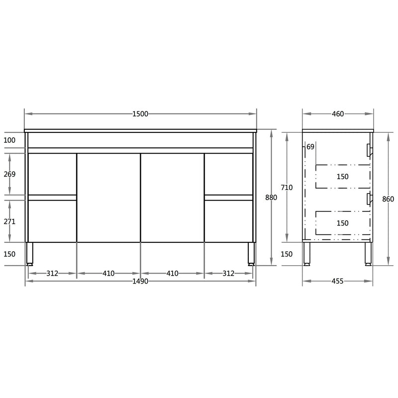 Poseidon Nova 1500mm Single or Double Bowl Freestanding Vanity Concrete Grey (Cabinet only) - Sydney Home Centre