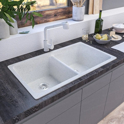 Poseidon Quartz Top / Under Mount 813mm Double Bowl Kitchen Sink Matte White - Sydney Home Centre