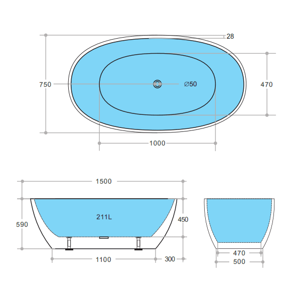 Poseidon Stella Free Standing 1500mm No Overflow Bathtub Gloss White - Sydney Home Centre