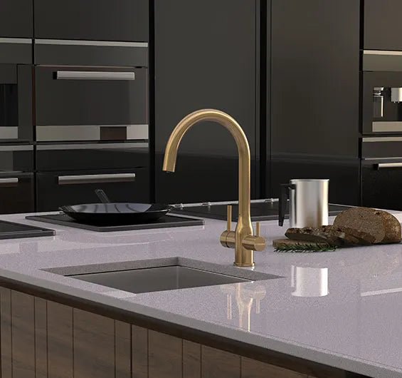 Puretec TRIPLA Elite 3 - in - 1 Gooseneck Mixer Tap Brushed Gold - Sydney Home Centre