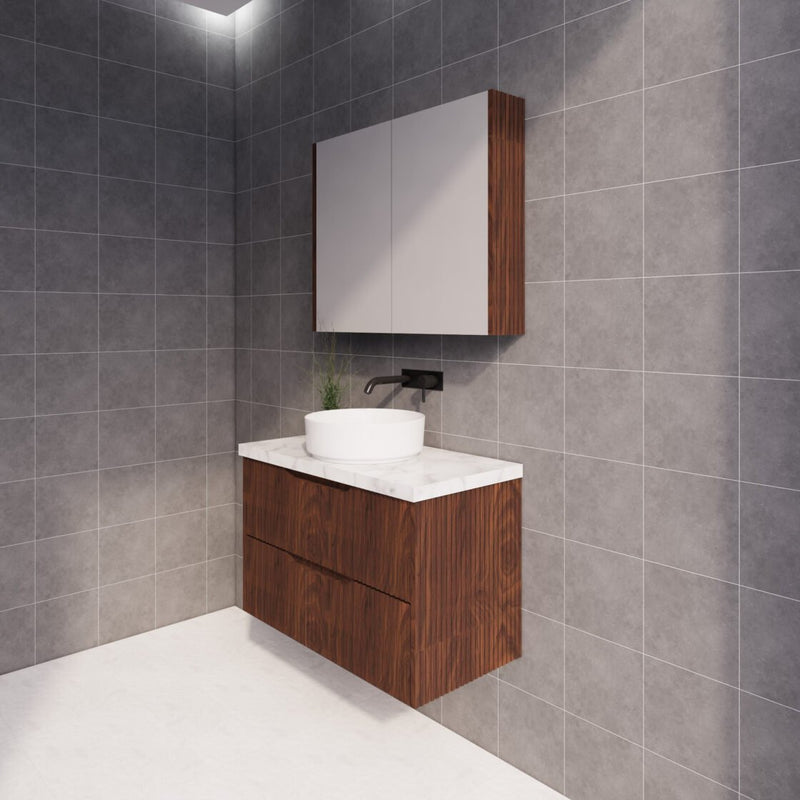 Riva Bali 900mm Brown Oak Single Bowl Wall Hung Vanity (Carrara Stone top) - Sydney Home Centre