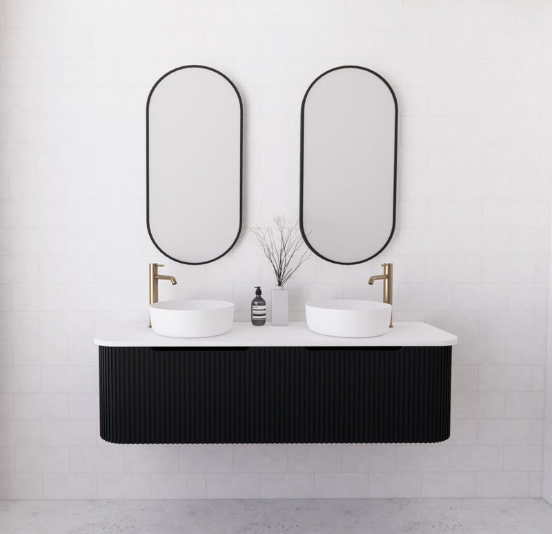 Riva Bergen 1500mm Matte Black Double Bowl Wall Hung Vanity (Carrara Stone Top) - Sydney Home Centre