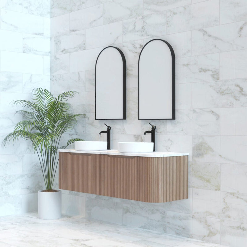 Riva Bergen 1500mm Solid Timber Double Bowl Wall Hung Vanity (Carrara Stone Top) - Sydney Home Centre