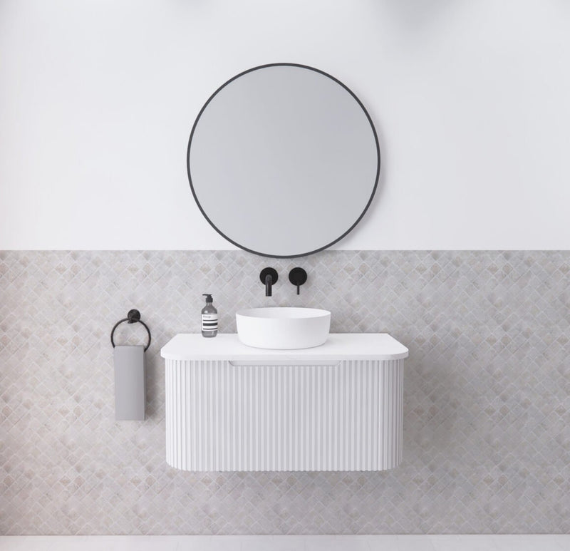 Riva Bergen 900mm Matte White Single Bowl Wall Hung Vanity (Carrara Stone Top) - Sydney Home Centre