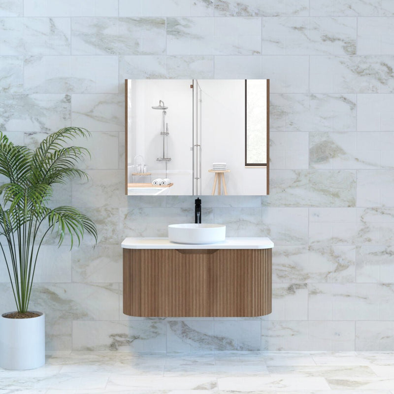 Riva Bergen 900mm Solid Timber Single Bowl Wall Hung Vanity (Carrara Stone Top) - Sydney Home Centre