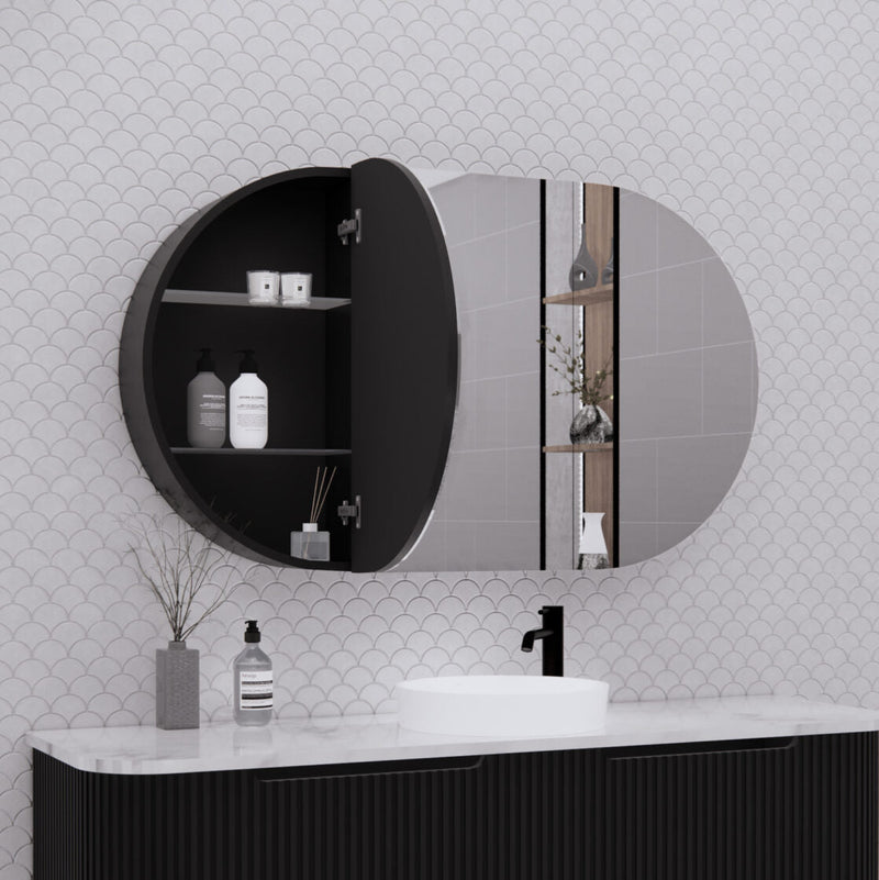 Riva London 1200mm x 700mm Matte Black Oval Shaving Cabinet - Sydney Home Centre