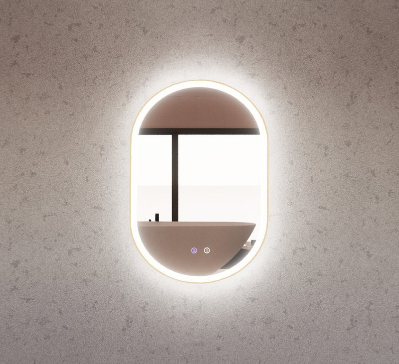 Riva O1 900mm x 600mm Framed Oval Led Mirror 3 Colour lights with Dimmer Brushed Gold - Sydney Home Centre