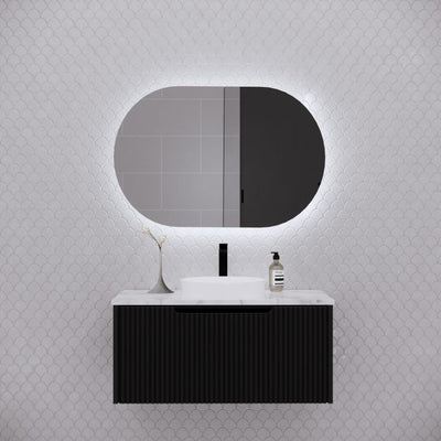 Riva Paris 870mm x 600mm Matte Black Oval LED Shaving Cabinet - Sydney Home Centre