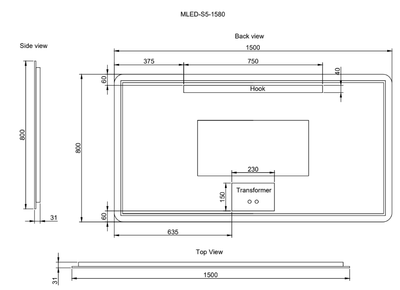 Riva S5 1500mm x 800mm Frameless Rectangle Led Mirror 3 Colour lights Backlit with Defogging Function - Sydney Home Centre