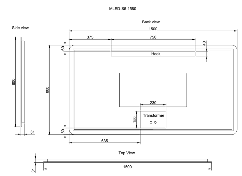 Riva S5 1500mm x 800mm Frameless Rectangle Led Mirror 3 Colour lights Backlit with Defogging Function - Sydney Home Centre