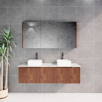 Riva Vienna 1500mm Brown Oak Double Bowl Wall Hung Vanity (Volvo Polymarble Top) - Sydney Home Centre