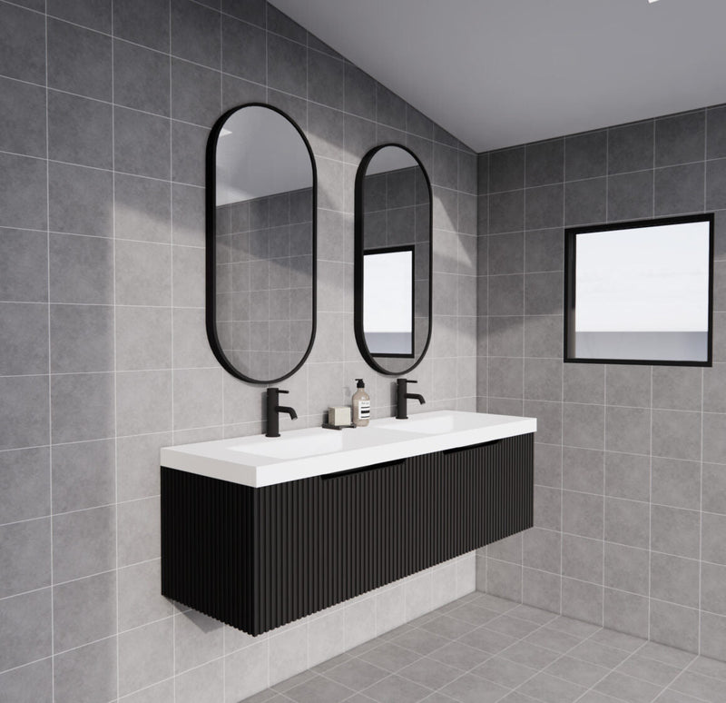 Riva Vienna 1500mm Matte Black Double Bowl Wall Hung Vanity (Carrara Stone top) - Sydney Home Centre