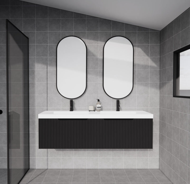 Riva Vienna 1500mm Matte Black Double Bowl Wall Hung Vanity (Volvo Polymarble Top) - Sydney Home Centre