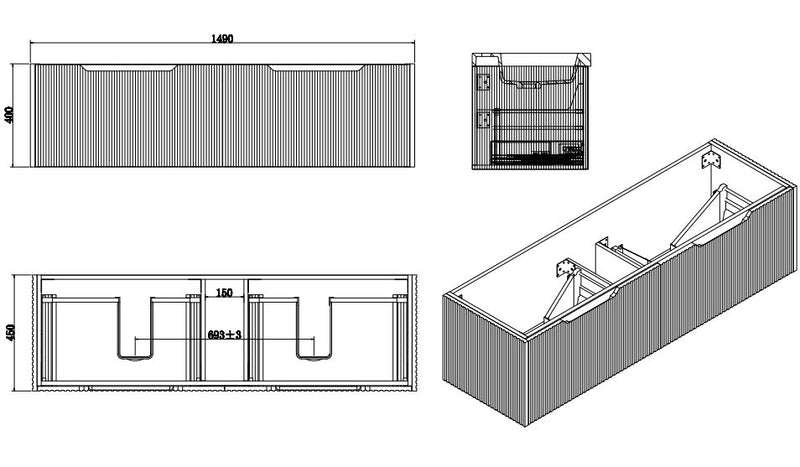 Riva Vienna 1500mm Matte White Double Bowl Wall Hung Vanity (Cabinet Only) - Sydney Home Centre