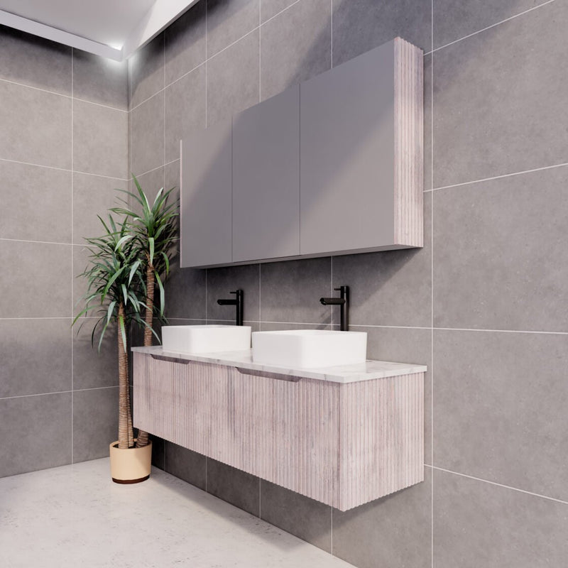 Riva Vienna 1500mm White Oak Double Bowl Wall Hung Vanity (Carrara Stone top) - Sydney Home Centre