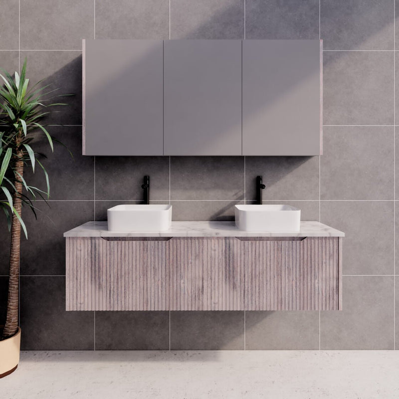 Riva Vienna 1500mm White Oak Double Bowl Wall Hung Vanity (Carrara Stone top) - Sydney Home Centre