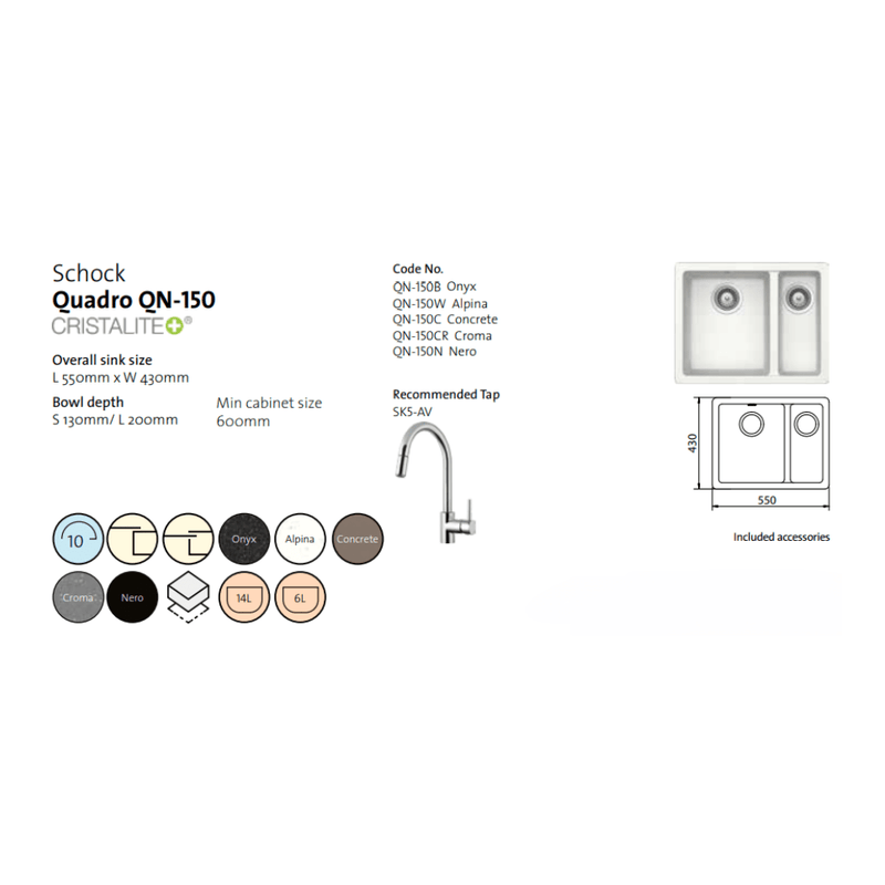 Schock Quadro 1 & 1/3 Bowl Onyx - Sydney Home Centre