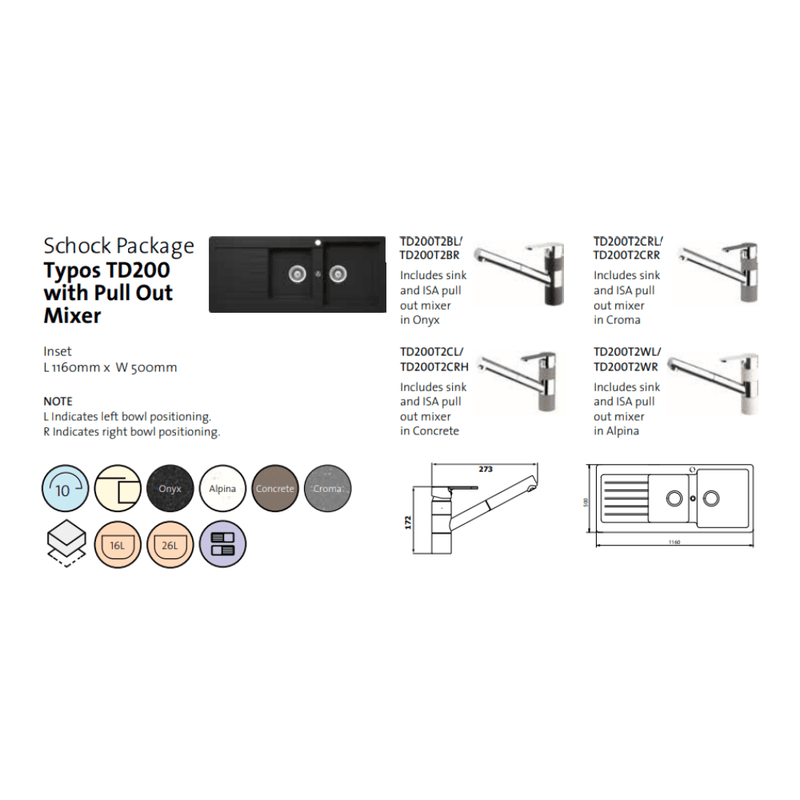 Schock Typos 1 & 3/4 Left Hand Bowl With Drainer 1TH & 400710B Kitchen Mixer Alpina - Sydney Home Centre