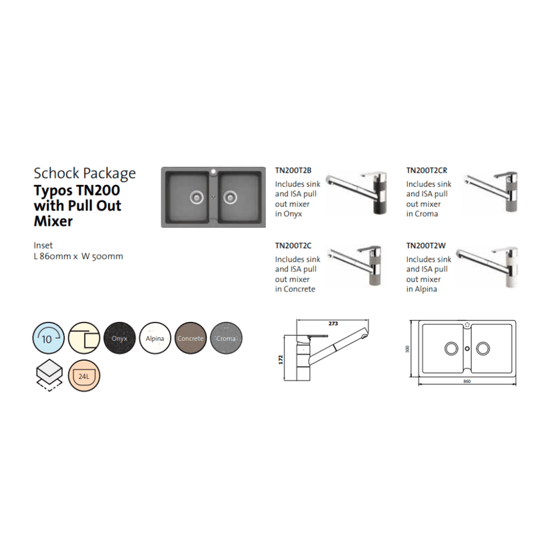 Schock Typos Double Bowl Sink & 400710B Pull Out Kitchen Mixer Alpina - Sydney Home Centre