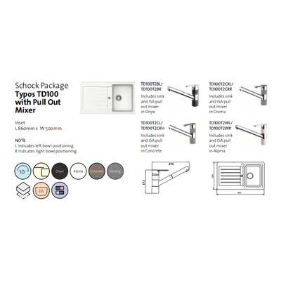 Schock Typos Single Left Hand Bowl with Drainer & 400710B Pull Out Kitchen Mixer Croma 1TH - Sydney Home Centre