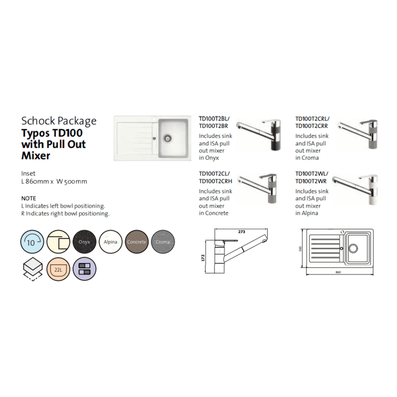 Schock Typos Single Left Hand Bowl with Drainer & 400710B Pull Out Kitchen Mixer Croma 1TH - Sydney Home Centre