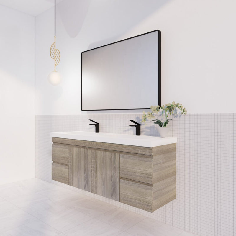 Viva ABS DF 1500mm Dark Oak Double Bowl Wall Hung Vanity (Volvo Polymarble Top) - Sydney Home Centre