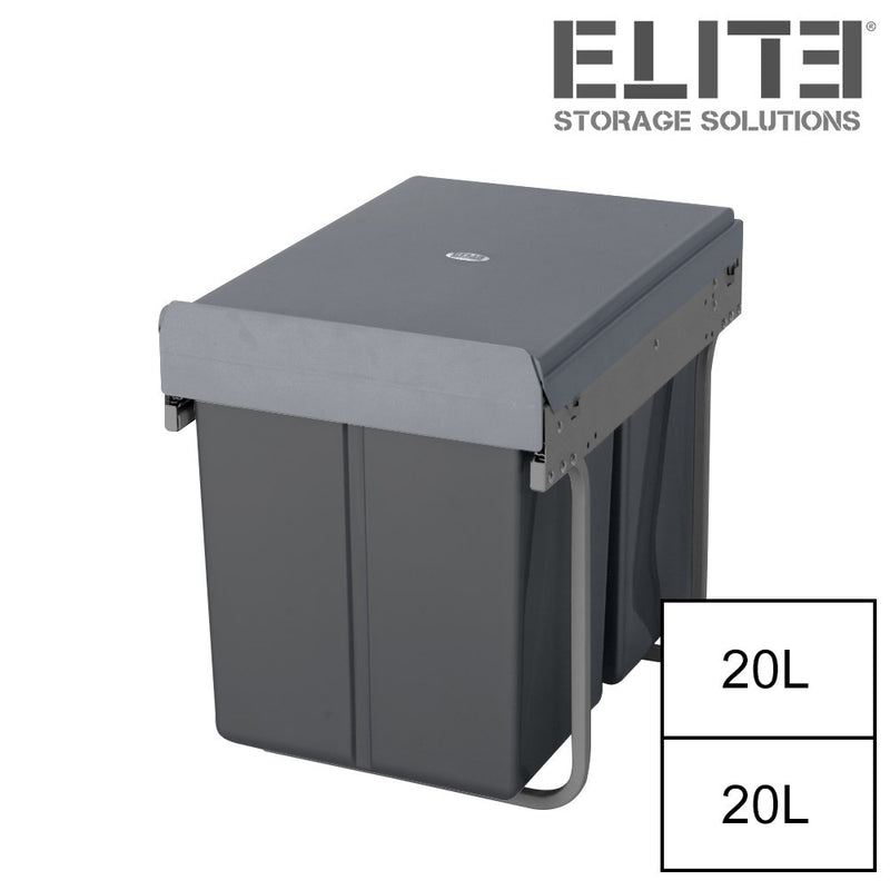 Elite Domestique Bottom Mounted 40L Twin Slide Out Concealed Waste Bin For A 400mm Cabinet Dark Grey - Sydney Home Centre