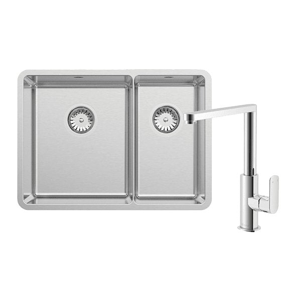 Abey Lucia 1 & 3/4 Bowl Sink Stainless Steel With 2K1 Kitchen Mixer, Drain Tray & Cutting Board - Sydney Home Centre