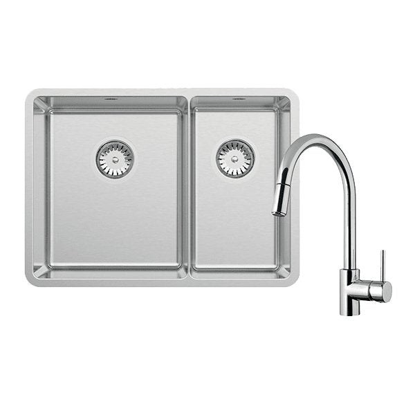 Abey Lucia 1 & 3/4 Bowl Sink Stainless Steel With SK5-AV Kitchen Mixer, Drain Tray & Cutting Board - Sydney Home Centre